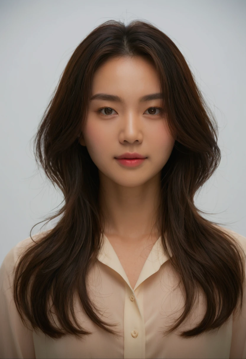 Best Quality, 8k, Masterpiece, (Portrait: 1.3), (photo realistic:1.4), (hyper realistic:1.4), Sharp Focus, looking at viewer, (smoother lighting:1.1), (increase cinematic lighting quality:0.9), realistic lighting, backlighting, light on face, ray trace, (brightening light:1.2), (Increase quality:1.4), sharp detail, (best quality real texture skin:1.4), finely detailed eyes, black_eyes, finely detailed face, 25 year old Korean woman, (white formal_shirt:1.4), (Create an image maintaining the original base model hairstyle:1.5)