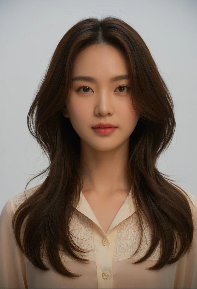 Best Quality, 8k, Masterpiece, (Portrait: 1.3), (photo realistic:1.4), (hyper realistic:1.4), Sharp Focus, looking at viewer, (smoother lighting:1.1), (increase cinematic lighting quality:0.9), realistic lighting, backlighting, light on face, ray trace, (brightening light:1.2), (Increase quality:1.4), sharp detail, (best quality real texture skin:1.4), finely detailed eyes, black_eyes, finely detailed face, 25 year old Korean woman, (white formal_shirt:1.4), (Create an image maintaining the original base model hairstyle:1.5)