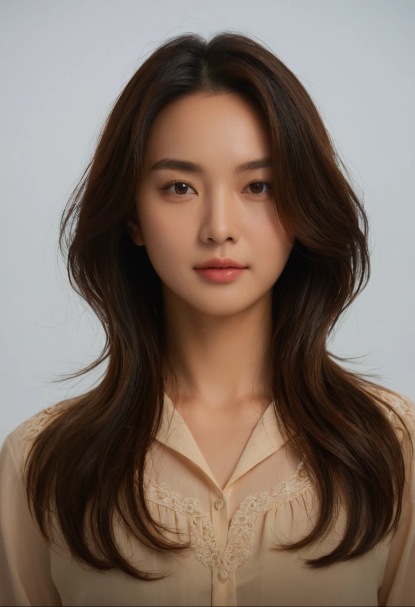 Best Quality, 8k, Masterpiece, (Portrait: 1.3), (photo realistic:1.4), (hyper realistic:1.4), Sharp Focus, looking at viewer, (smoother lighting:1.1), (increase cinematic lighting quality:0.9), realistic lighting, backlighting, light on face, ray trace, (brightening light:1.2), (Increase quality:1.4), sharp detail, (best quality real texture skin:1.4), finely detailed eyes, black_eyes, finely detailed face, 25 year old Korean woman, (white formal_shirt:1.4), (Create an image maintaining the original base model hairstyle:1.5)