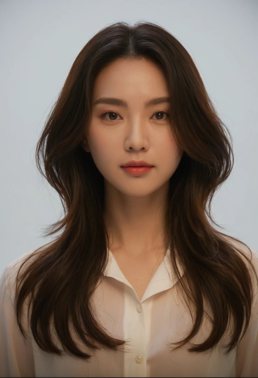 Best Quality, 8k, Masterpiece, (Portrait: 1.3), (photo realistic:1.4), (hyper realistic:1.4), Sharp Focus, looking at viewer, (smoother lighting:1.1), (increase cinematic lighting quality:0.9), realistic lighting, backlighting, light on face, ray trace, (brightening light:1.2), (Increase quality:1.4), sharp detail, (best quality real texture skin:1.4), finely detailed eyes, black_eyes, finely detailed face, 25 year old Korean woman, (white formal_shirt:1.4), (Create an image maintaining the original base model hairstyle:1.5)