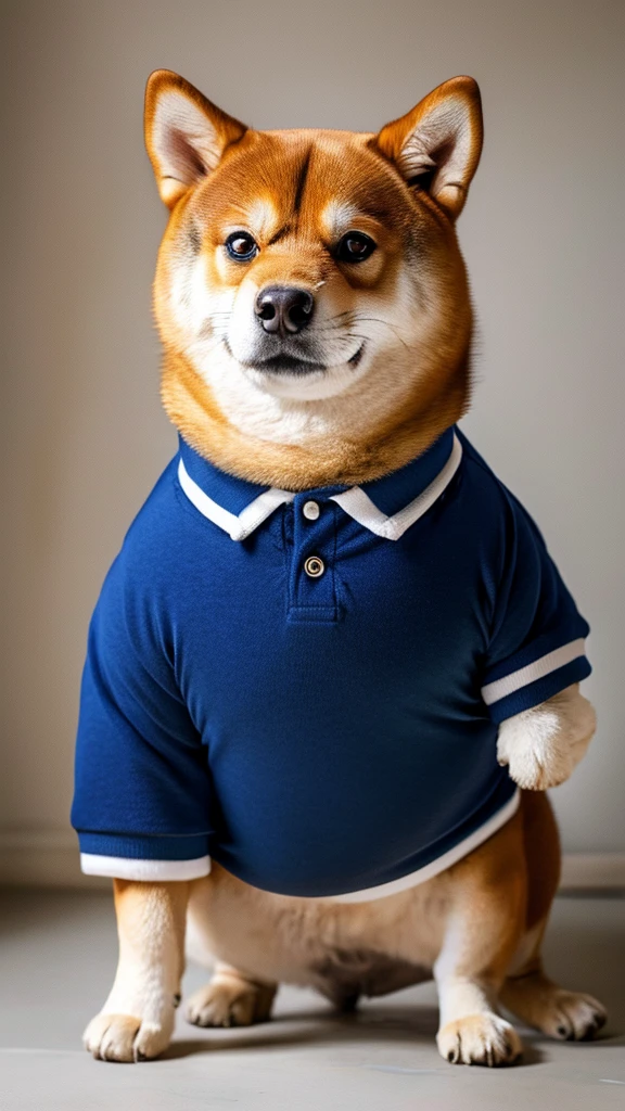 The only character is a Shiba Inu.、The body is fat、Shiba Inu、The posture is like begging.,
Posture is standing、Posture is upright、The camera is taken from a little distance.、The face is facing forward、The body is fat、The body is fat、The Shiba Inu is wearing tight-fitting pants and a tight-fitting polo shirt.