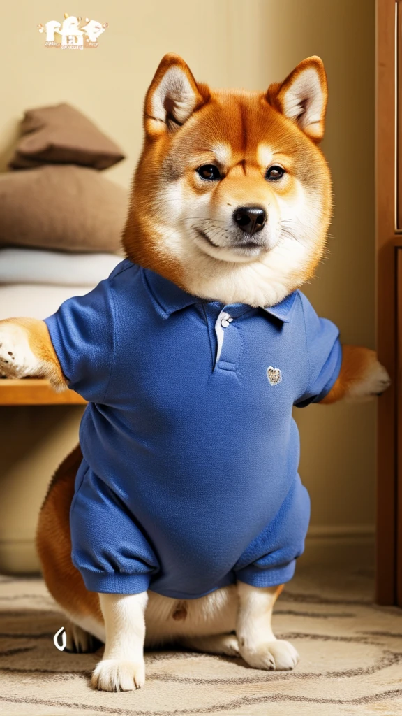 The only character is a Shiba Inu.、The body is fat、Shiba Inu、The posture is like begging.,
Posture is standing、Posture is upright、The camera is taken from a little distance.、The face is facing forward、The body is fat、The body is fat、The Shiba Inu is wearing tight-fitting pants and a tight-fitting polo shirt.
