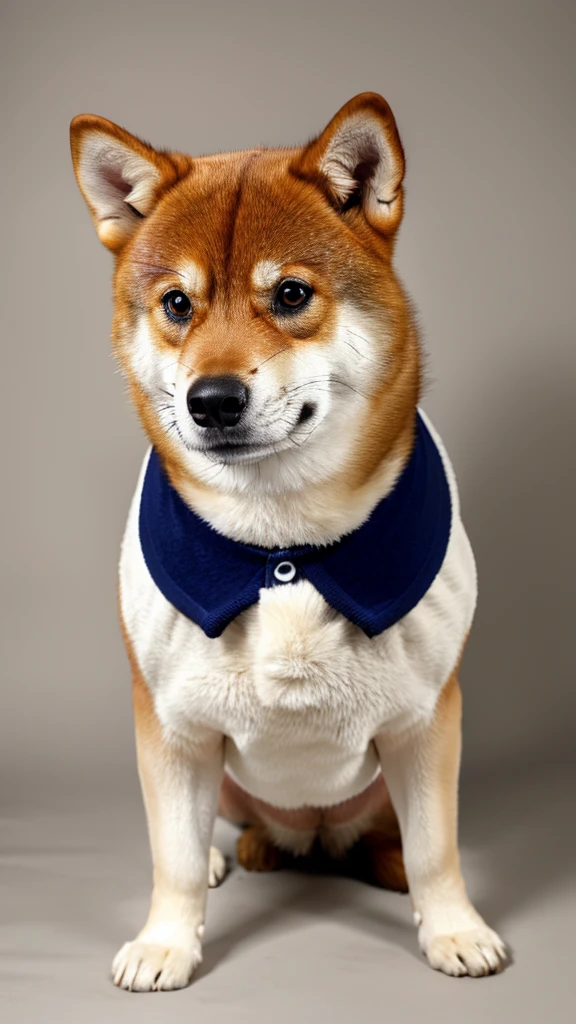 The only character is a Shiba Inu.、The body is fat、Shiba Inu、The posture is like begging.,
Posture is standing、Posture is upright、The camera is taken from a little distance.、The face is facing forward、The body is fat、The body is fat、The Shiba Inu is wearing tight-fitting pants and a tight-fitting polo shirt.