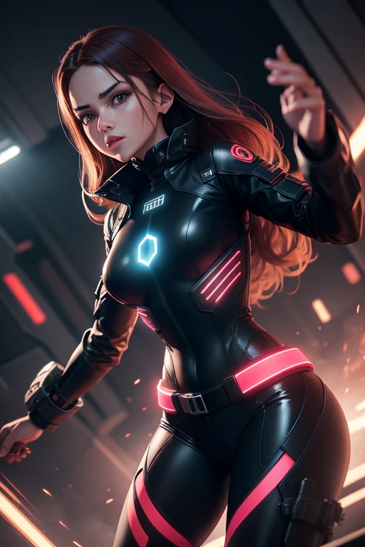 1girl,Future technology clothing,(Red latex tights:1.3),(Luminous array lights on clothes),Soft light,Mechanical belt,(high-tech weapon:1.3),Future technology hair bundle,Android,Super Soldier,dynamic poses,shooting,Holographic screen background,Super stunning graphics,super wide shot,best quality,masterpiece,8k,Unreal 5 rendering,High chiaroscuro,