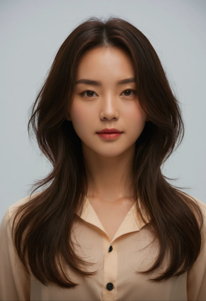 Best Quality, 8k, Masterpiece, (Portrait: 1.3), (photo realistic:1.4), (hyper realistic:1.4), Sharp Focus, looking at viewer, (smoother lighting:1.1), (increase cinematic lighting quality:0.9), realistic lighting, backlighting, light on face, ray trace, (brightening light:1.2), (Increase quality:1.4), sharp detail, (best quality real texture skin:1.4), finely detailed eyes, black_eyes, finely detailed face, 25 year old Korean woman, (white formal_shirt:1.4), (Create an image maintaining the original base model hairstyle:1.5)