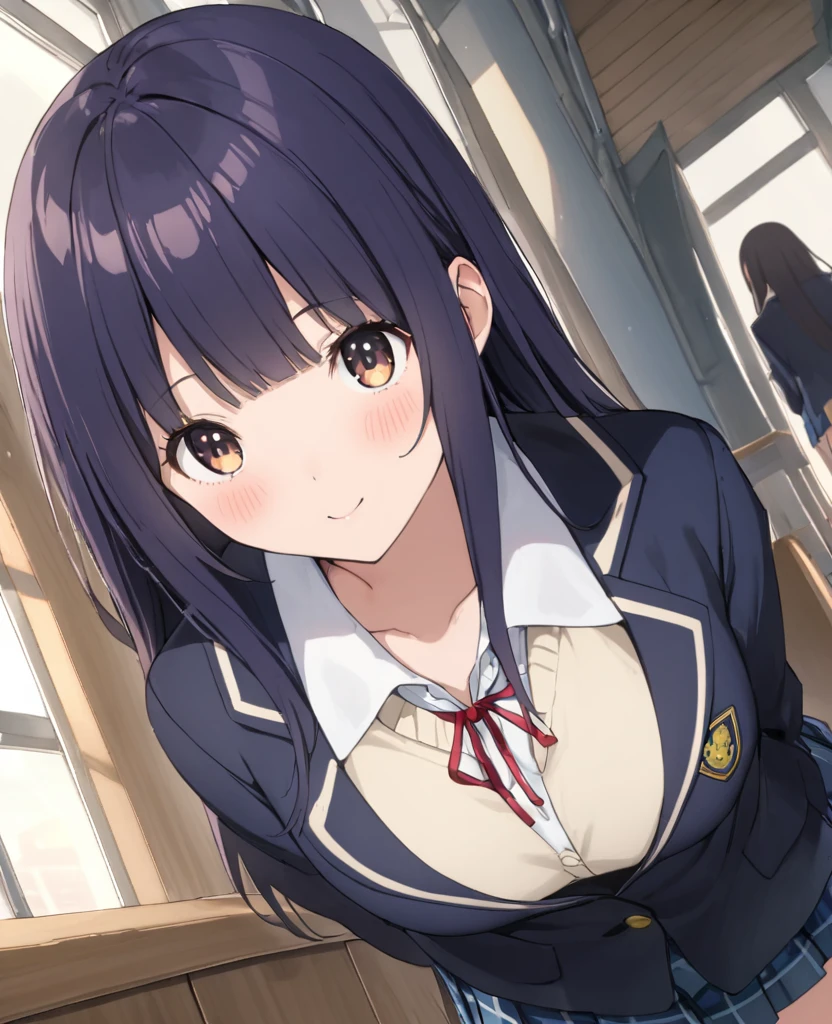 (((masterpiece, highest quality, realistic:1.3,absurdres))),25 year old beauty,solo,((very small head)),long hair,bangs,dark blue hair,dark blue eyes,blush,smile,medium breasts,((very long body)),((toned body:1.2,slender body)),skinny,gleaming skin,shiny skin,((School uniform、Blazer jacket、Pleated mini skirt)),classroom、School building、