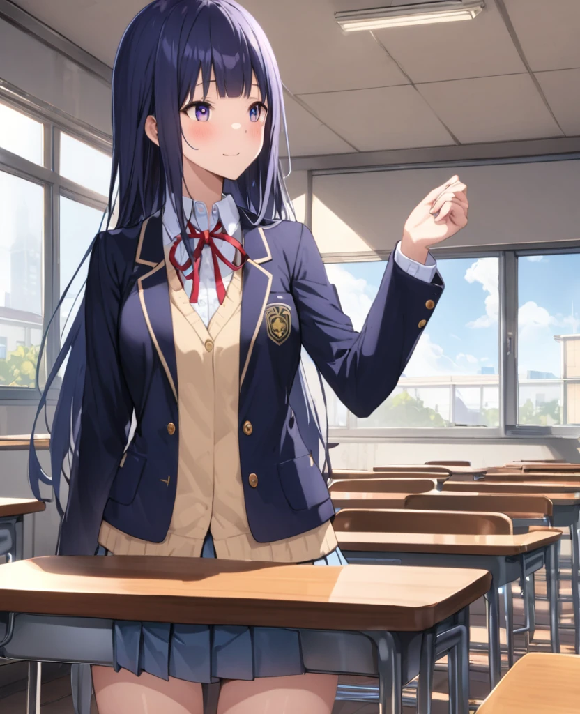 (((masterpiece, highest quality, realistic:1.3,absurdres))),25 year old beauty,solo,((very small head)),long hair,bangs,dark blue hair,dark blue eyes,blush,smile,medium breasts,((very long body)),((toned body:1.2,slender body)),skinny,gleaming skin,shiny skin,((School uniform、Blazer jacket、Pleated mini skirt)),classroom、School building、
