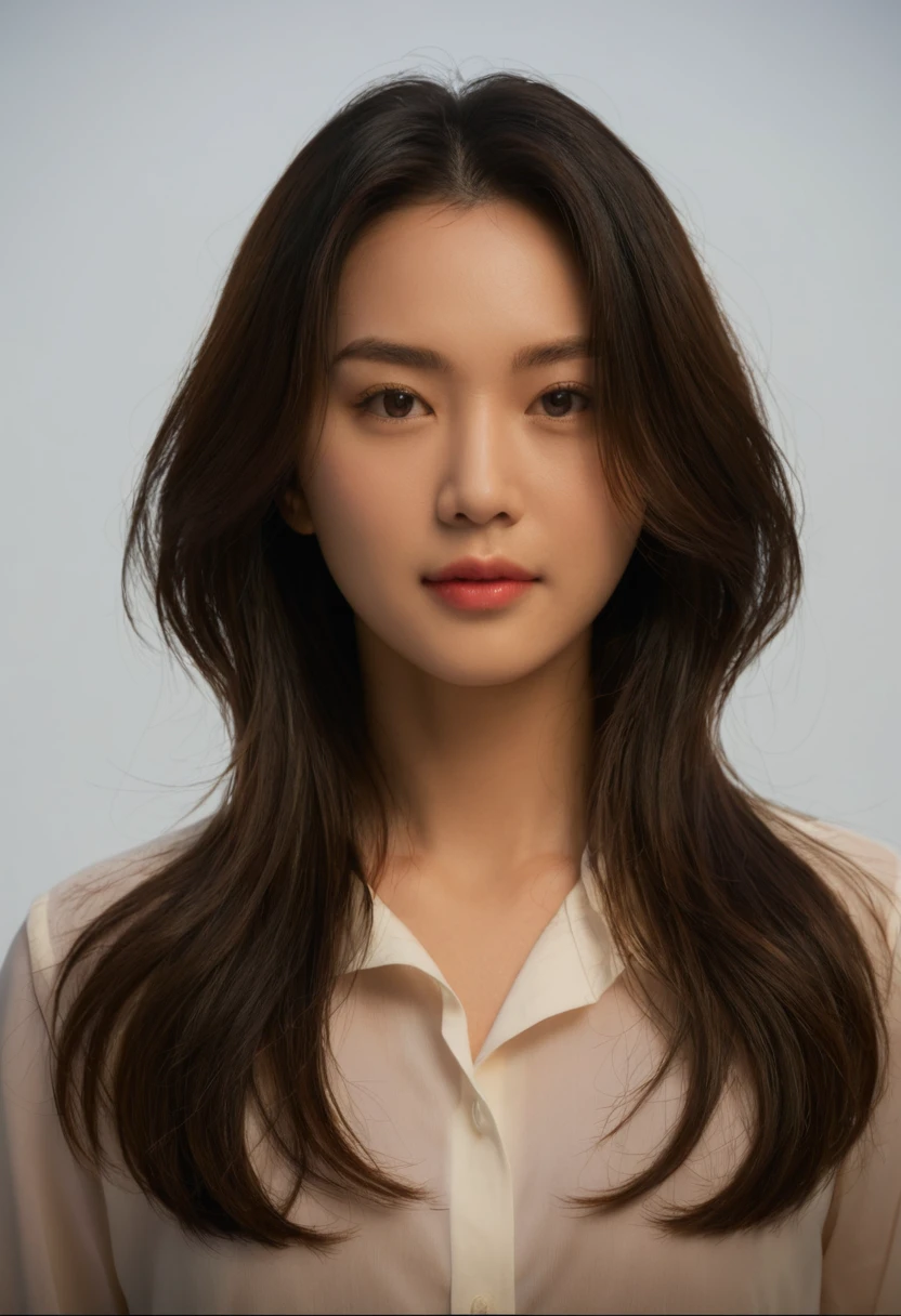 Best Quality, 8k, Masterpiece, (Portrait: 1.3), (photo realistic:1.4), (hyper realistic:1.4), Sharp Focus, looking at viewer, (smoother lighting:1.1), (increase cinematic lighting quality:0.9), realistic lighting, backlighting, light on face, ray trace, (brightening light:1.2), (Increase quality:1.4), sharp detail, (best quality real texture skin:1.4), finely detailed eyes, black_eyes, finely detailed face, 25 year old Korean woman, (white formal_shirt:1.4), (Create an image maintaining the original base model hairstyle:1.5)
