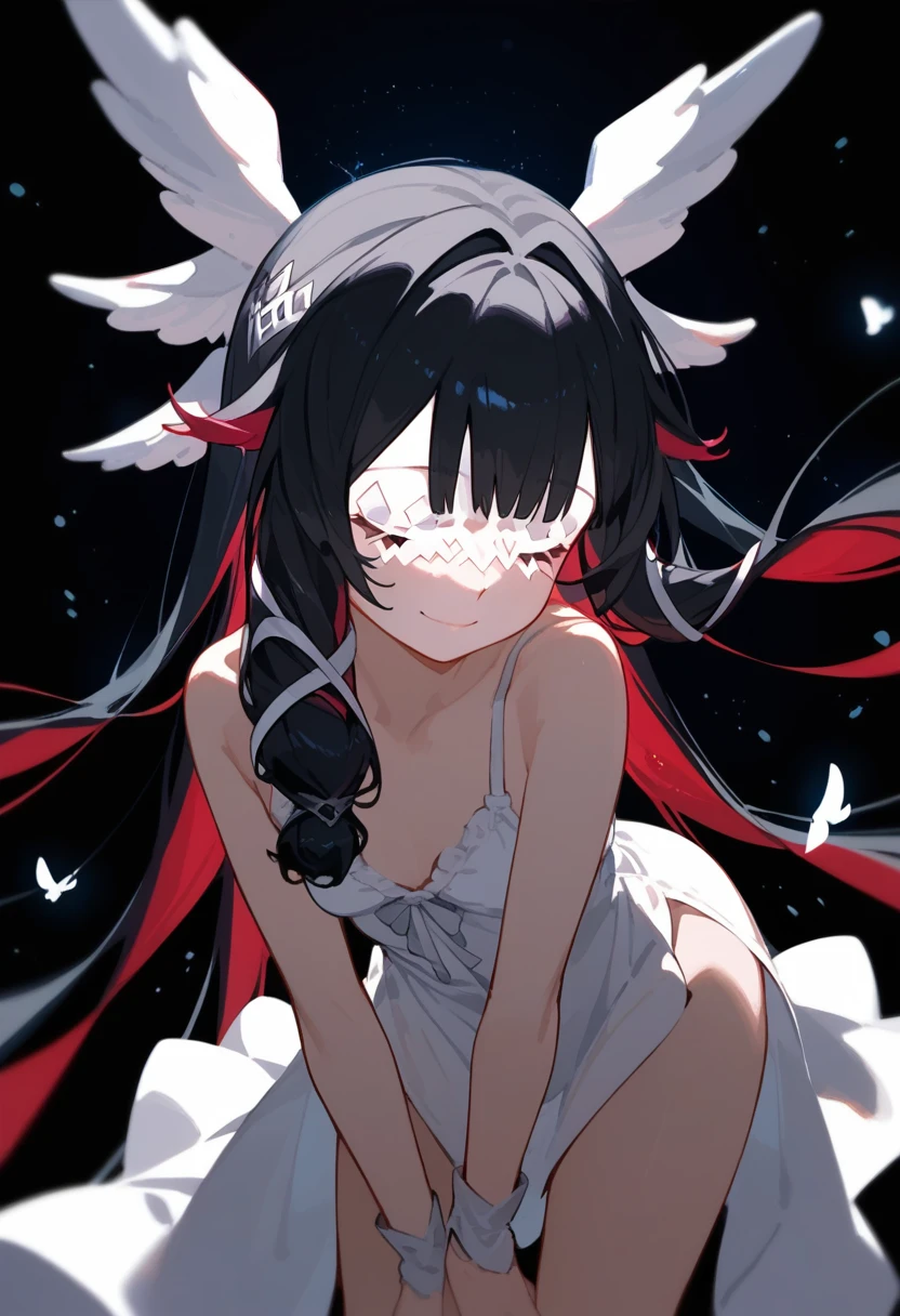 (score_9, score_8_up, score_7_up), source anime, 1girl, columbina, black hair, multicoloured hair, eye mask, head wings, white chemise dress, short dress, small breasts, hand over chest, leaning forward, thighs, petit, closed eyes, smile, closed mouth, head tilt, black background, light particles, simple background