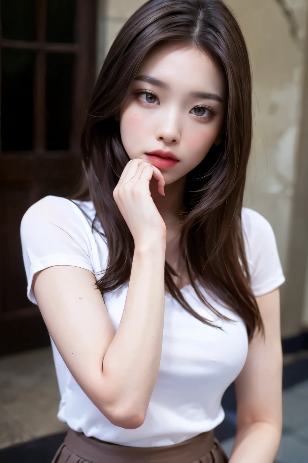 ((best quality)), ((masterpiece)), (be used to), perfect face　Korean style
１８Old Girl　brown hair　Semi-long black tight skirt　sexy　Often shows provocative frontal facial expressions.
