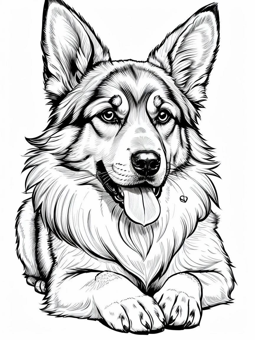 A cute dog German Shepherd, as a coloring page, a crisp bold outline, and background should be white for coloring pages.