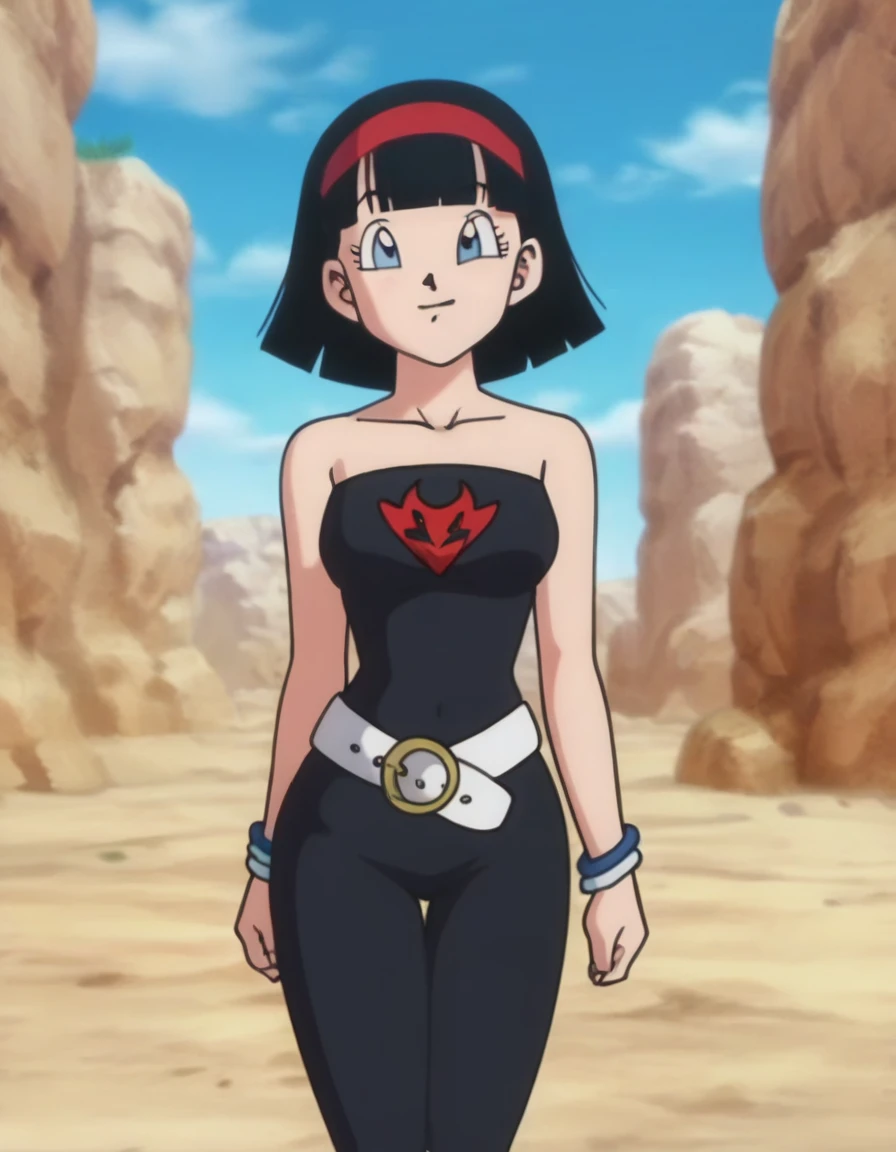 source_anime, score_9, score_8_up, score_7_up, anime screencap, videl, dragon ball super, bob cut, 1girl, solo, medium breast, looking at viewer, smile, short hair, bangs, blue eyes, black hair, red hairband, outdoors, sky, sleeveless, collarbone, day, blue bracelet, blue sky, bare shoulders, strapless, black skin tight dress, black bodycon dress, cowboy shot, arms at sides, seductive
