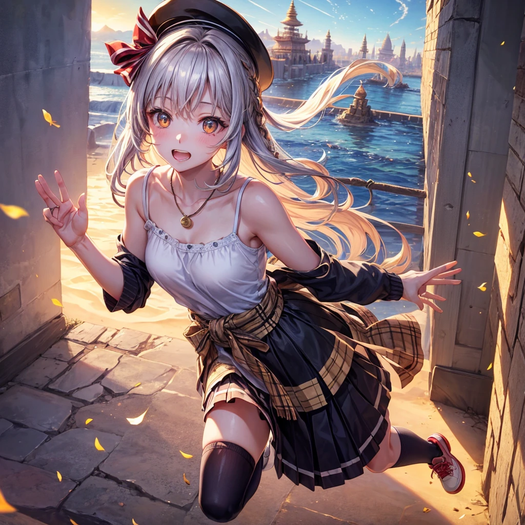 Red Blue Gold Hair、Golden Eyes、Braid、One good looking girl、solo、anime、Checkered mini skirt、Ruffles on the skirt、camisole、cardigan、Black knee-high socks、Wearing a baseball cap、Wearing a ribbon、Ribbon on waist、Tilting face、Teeth are visible、Sunset sky、Piercing the clouds、Contrail、Cumulonimbus、Pillar of Light、Silver coin necklace、A world of light、shine、From above、bell、torii、Desert Oasis、water is gushing out、Sparks are flying、Steps、High five