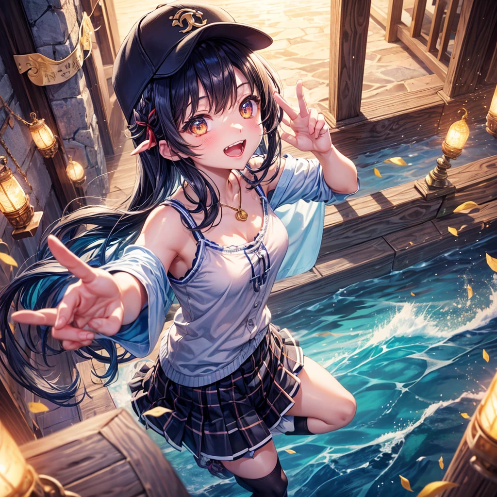 Red Blue Gold Hair、Golden Eyes、Braid、One good looking girl、solo、anime、Checkered mini skirt、Ruffles on the skirt、camisole、cardigan、Black knee-high socks、Wearing a baseball cap、Wearing a ribbon、Ribbon on waist、Tilting face、Teeth are visible、Sunset sky、Piercing the clouds、Contrail、Cumulonimbus、Pillar of Light、Silver coin necklace、A world of light、shine、From above、bell、torii、Desert Oasis、water is gushing out、Sparks are flying、Steps、High five