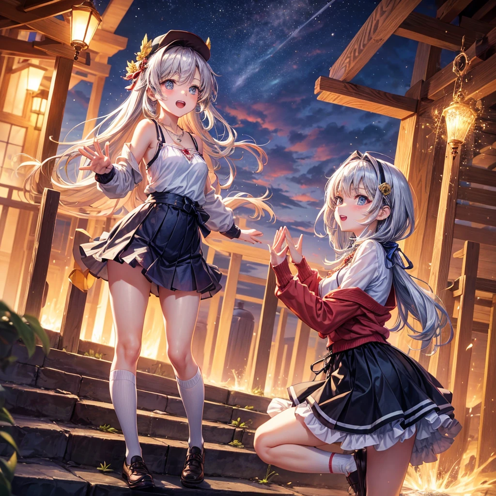 Red Blue Gold Hair、Golden Eyes、Braid、One good looking girl、solo、anime、Checkered mini skirt、Ruffles on the skirt、camisole、cardigan、Black knee-high socks、Wearing a baseball cap、Wearing a ribbon、Ribbon on waist、Tilting face、Teeth are visible、Sunset sky、Piercing the clouds、Contrail、Cumulonimbus、Pillar of Light、Silver coin necklace、A world of light、shine、From above、bell、torii、Desert Oasis、water is gushing out、Sparks are flying、Steps、High five