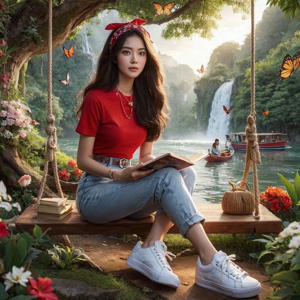 A beautiful Indonesian woman with a clean and gentle face wearing a red t-shirt, white jeans, white sneakers and bandana, posing sitting on a wooden swing under a tree with flowers and butterflies around it, with a natural scenery background, there is a river, waterfall, boat,and night day ,star and light moon ,while holding a book ,realistic HD high-quality photography ultra detail face, 18k camera Canon