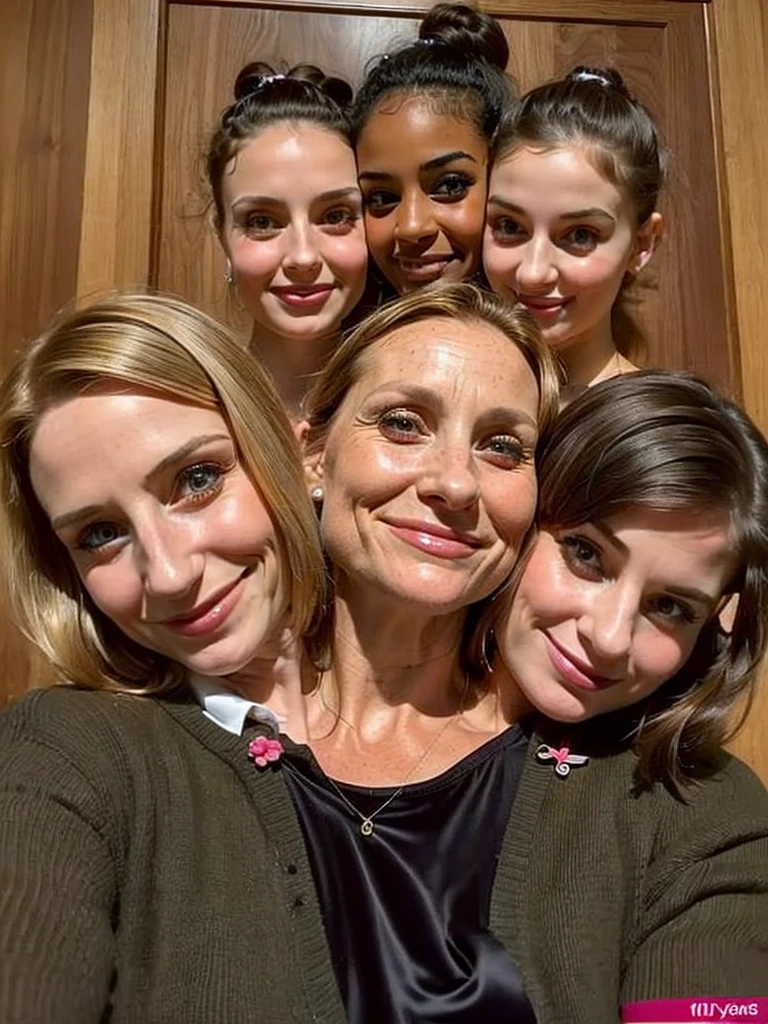 3heads, three headed girl, (one head 10 year old girl:1.5), (one head 40 year old woman:1.5)