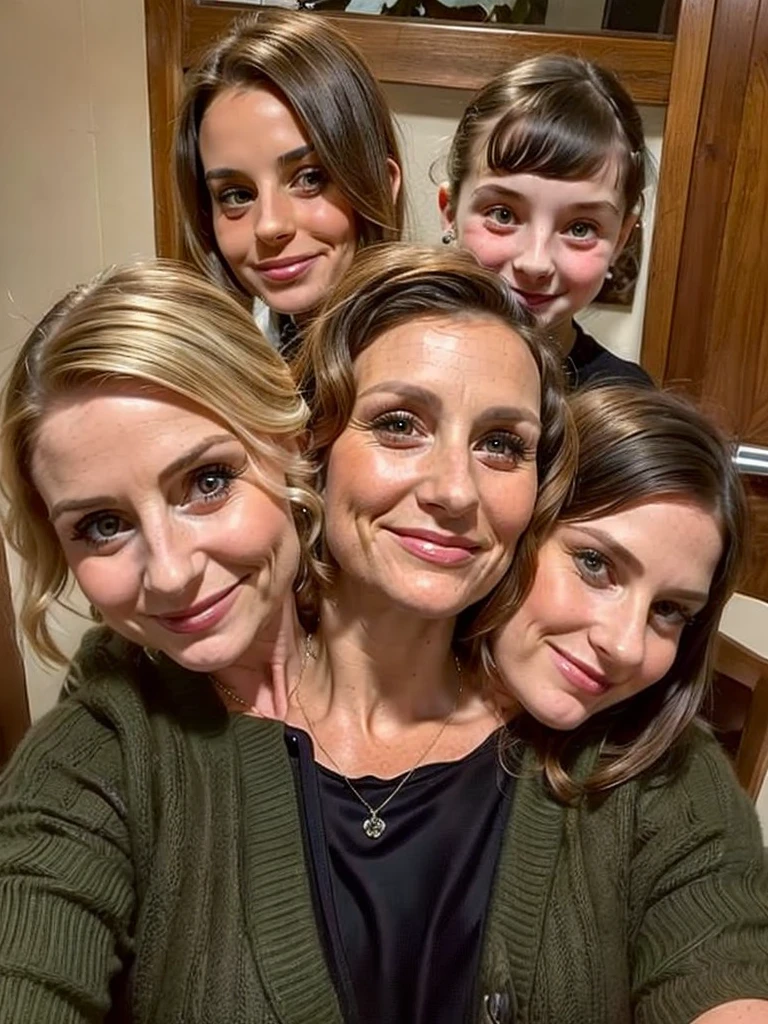 3heads, three headed girl, (one head 10 year old girl:1.5), (one head 40 year old woman:1.5)