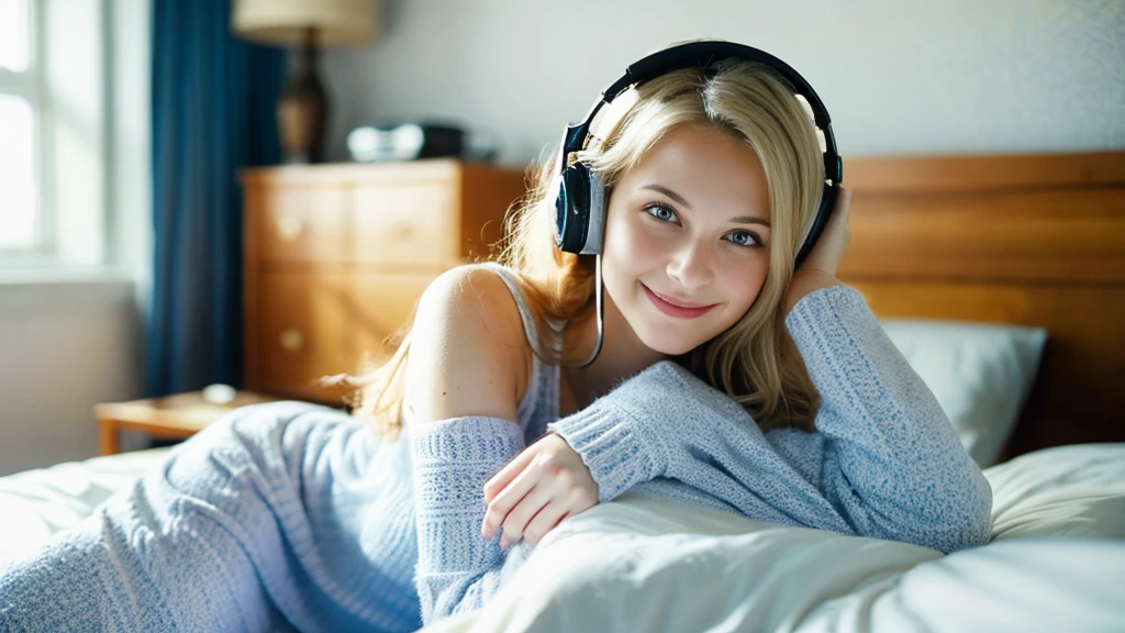 Beautiful blonde with big breasts in pajamas (Sitting on the bed in the room with the morning sun),Wearing headphones,Very detailed, 21 years old, Innocent face, Naturally Wavy Hair, blue eyes, High resolution, masterpiece, highest quality, Intricate details, Very detailed, Clear focus, Delicate skin, practical skin texture, texture, Delicate eyes, Professional, 4K, Cute Smile, Shot with Canon, 85mm, Shallow and deep,  Kodak Vision Color, Exactly, Very detailed, photograph_\(Extremist\), photographpractical, practical, Post-processing, Maximum details, Roughness, Real Life, Extremist practical, Photorealism, photographgraphy, 8K Ultra HD, photographgraphy
