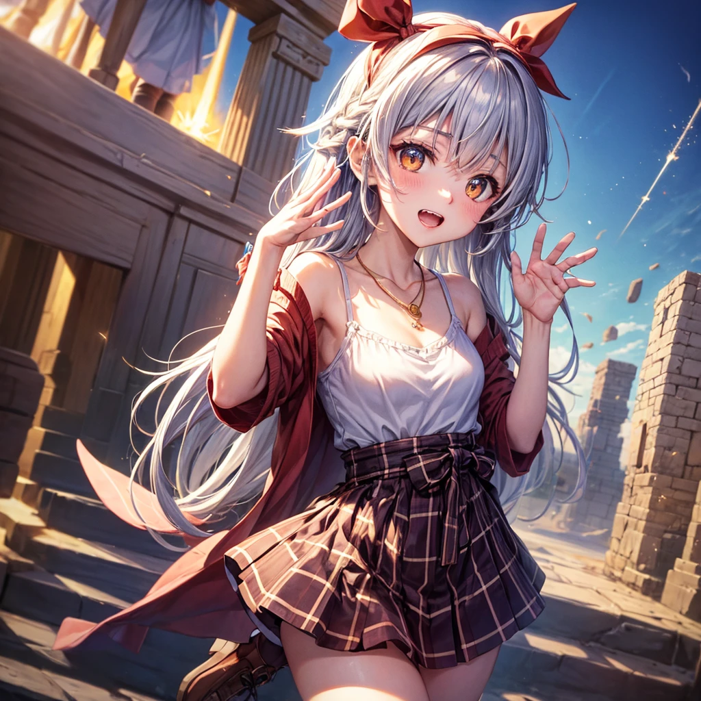 Red Blue Gold Hair、Golden Eyes、Braid、One good looking girl、solo、anime、Checkered mini skirt、Ruffles on the skirt、camisole、cardigan、Black knee-high socks、Wearing a baseball cap、Wearing a ribbon、Ribbon on waist、Tilting face、Teeth are visible、Sunset sky、Piercing the clouds、Contrail、Cumulonimbus、Pillar of Light、Silver coin necklace、A world of light、shine、From above、bell、torii、Desert Oasis、water is gushing out、Sparks are flying、Steps、High five