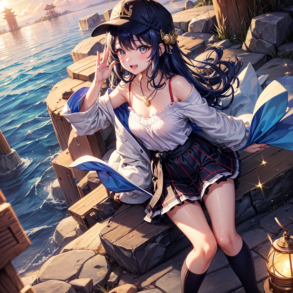 Red Blue Gold Hair、Golden Eyes、Braid、One good looking girl、solo、anime、Checkered mini skirt、Ruffles on the skirt、camisole、cardigan、Black knee-high socks、Wearing a baseball cap、Wearing a ribbon、Ribbon on waist、Tilting face、Teeth are visible、Sunset sky、Piercing the clouds、Contrail、Cumulonimbus、Pillar of Light、Silver coin necklace、A world of light、shine、From above、bell、torii、Desert Oasis、water is gushing out、Sparks are flying、Steps、High five