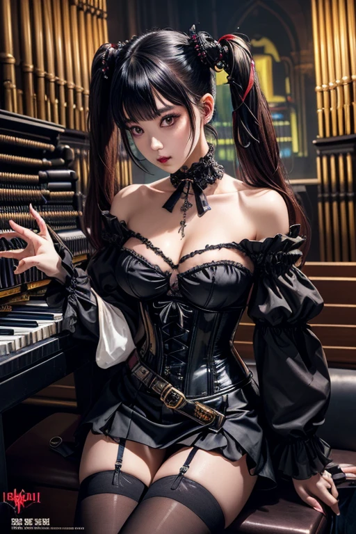 Digital Cyberpunk Art、Psychedelic Twin Tails、Wear a black off-the-shoulder cyberpunk ta chiffon blouse、Wear a black steampunk corset、Wear a black cyberpunk gothic mini skirt、theater、Japanese Girls、((Playing the Pipe Organ))