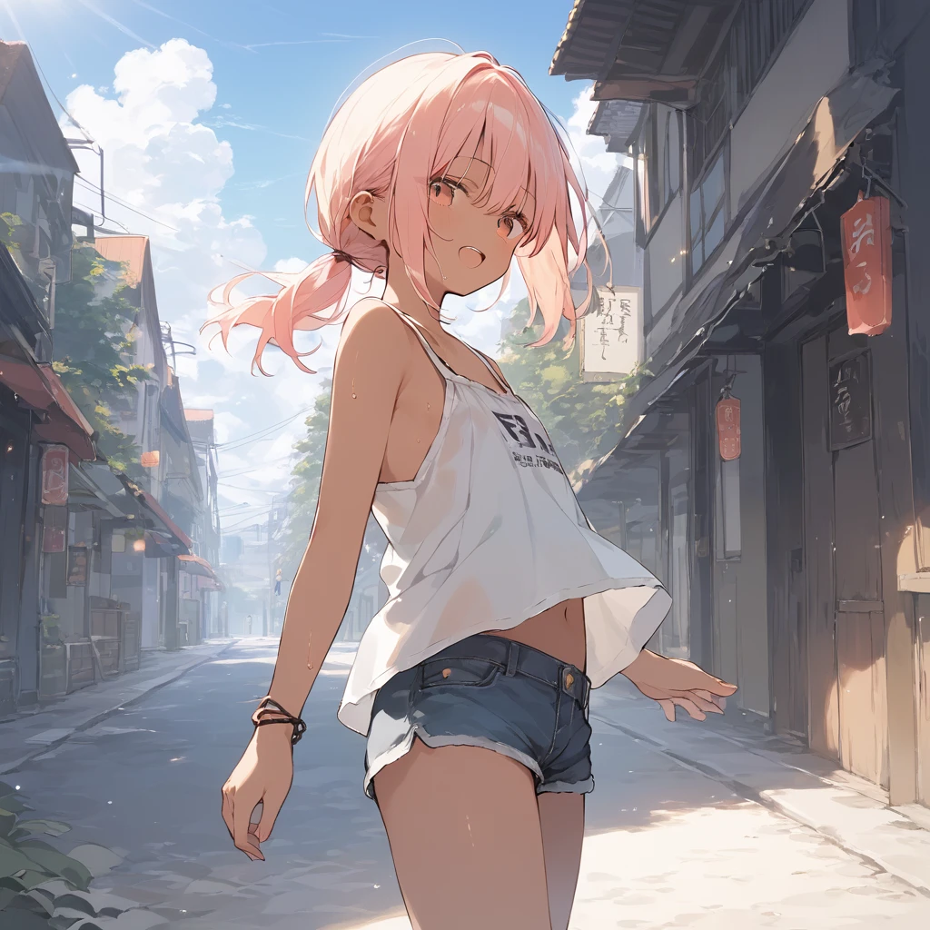 score_9, score_8_up, score_7_up, source_anime, best quality, masterpiece, official art, absurdres, highres, ultra-detailed,waifu2x,Collection: Slice of Life,break,1girl, tomboy, dark-skinned female, short hair, low ponytail, flat chest, beautiful detailed eyes, shorts, sweat, open mouth, (yawn:0.3), sleepily, outdoors, wind,break,(clear line illustration:1.2), super detailed skin,very high resolution, very aesthetic, Best sexual lighting powered by famous artist, 8k,cute picture,beauty illustration,photoshop_(medium),,(Detailed Lighting),best anime 8k konachan wallpaper, pixiv contest winner,