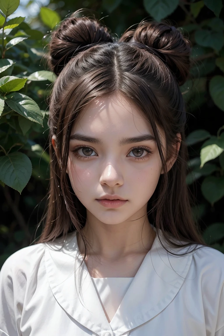 brown-black hair, ojos negros, Piel blanca, cara de huevo de ganso, atmospheric facial features, alto, confiado y poderoso, tonificado y regordete, chicas de instituto, uniforme escolar, pelo enrollado, Bun, con horquilla, Rosa roja, mariposa azul, conejo blanco, cartelera, calidad oficial, misterioso, Luz y sombra, proporciones correctas, aesthetics, atmosphere,