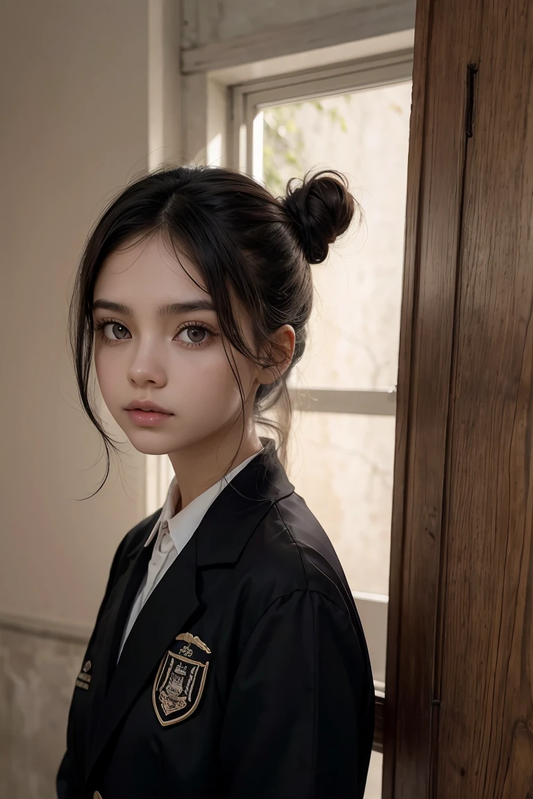 brown-black hair, ojos negros, Piel blanca, cara de huevo de ganso, atmospheric facial features, alto, confiado y poderoso, tonificado y regordete, chicas de instituto, uniforme escolar, pelo enrollado, Bun, con horquilla, Rosa roja, mariposa azul, conejo blanco, cartelera, calidad oficial, misterioso, Luz y sombra, proporciones correctas, aesthetics, atmosphere,
