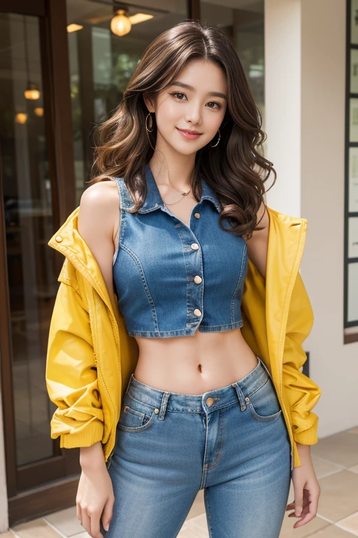 highest quality、4K、Perfect Face、Perfect Style、perfect body、Sunburn、beautiful lady、mature、long curly layer brown hair、Swept-back hair、full body, sexy 、charming、healthy、beautiful abs、yellow sleeveless 、high west short jeans、smile、jacket