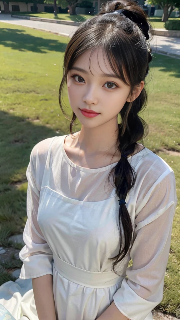 Colored dress,Park,On the lawn,Close up face,One woman,masutepiece, The highest image quality, High quality, the background is clear,Beautiful woman, Japanese,Ultra-detailed, finely detail, hight resolution, 8K Wallpaper, Perfect dynamic composition, Beautiful detailed eyes , Detailed, Detailed eyes, Detailed skin, Beautiful skin, 超hight resolution, (reality: 1.4),Very beautiful woman, Slightly younger face, Beautiful skin, slender, (Ultra photo realsisim), (hight resolution), (8K), (Very detailed) (beautifully detailed eyes), (super detailed), (Detailed face), view the viewer, Fine details, Detailed face, Staring straight ahead, Staring straight ahead, photos realistic, Bright lighting, Professional Lighting, Black hair,poneyTail,a baby face,fourteen years old,Hairstyle: ponytail,Long ponytail hairstyle,slight smile,neat and tidy clothing,Beautiful Japanese KPOP idol photo, hair style is ponytail, my eyes are double and wide, baby face, smile and look straight ahead, slender, small breasts,Close up face,