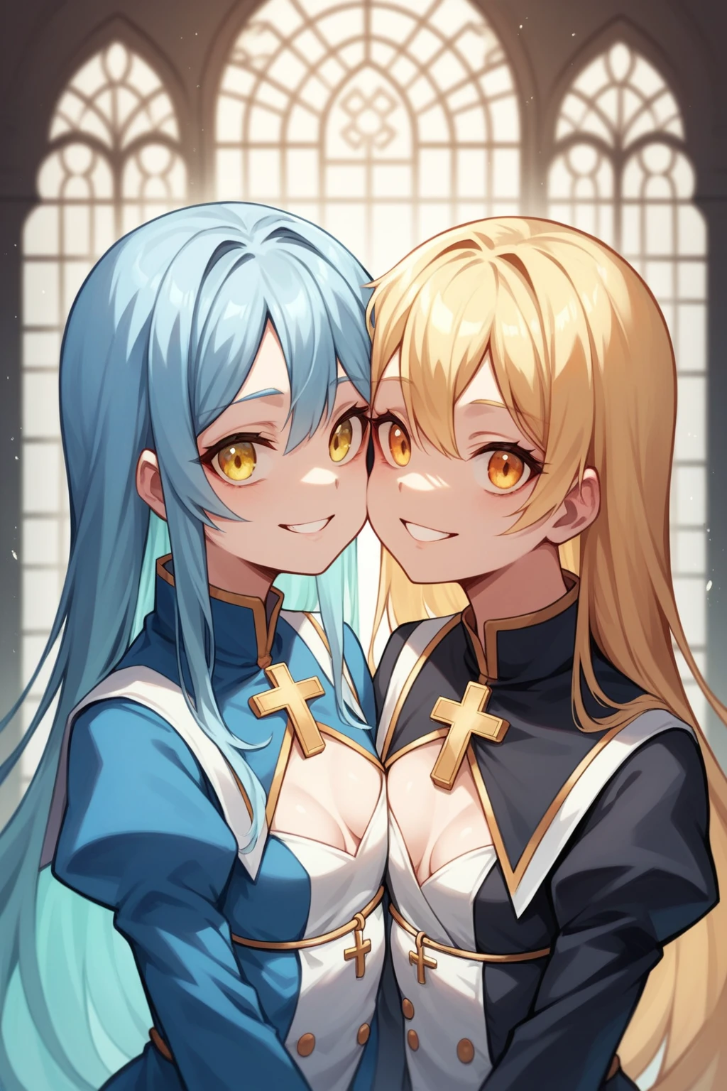 a girl be priest, 1girl, priest, symmetrical face, symmetrical body, the girl smiling his eyes, Upper Body, girl focus, looking at viewer, focus on face, yellow eyes, long sleeves, small breasts, Light blue hair, long hair, visible cleavage,