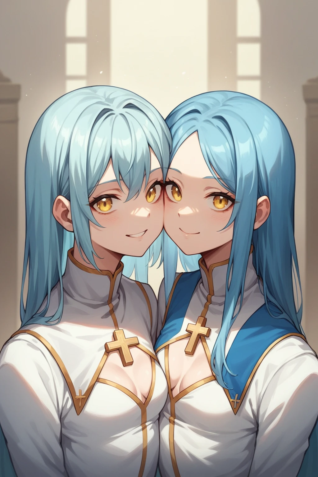 a girl be priest, 1girl, priest, symmetrical face, symmetrical body, the girl smiling his eyes, Upper Body, girl focus, looking at viewer, focus on face, yellow eyes, long sleeves, small breasts, Light blue hair, long hair, visible cleavage,