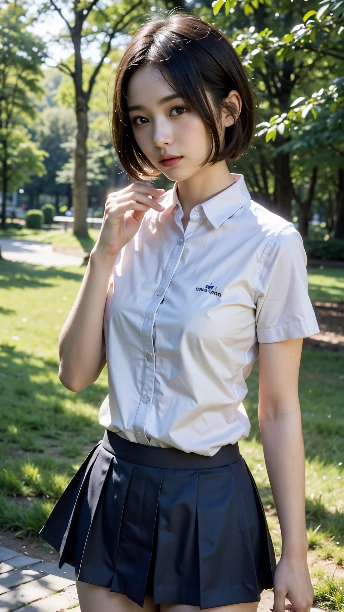 (masterpiece, best quality:1.2), octane rendering, (8k, uhd, ultra high res), professional lighting, (RAW photo:1.2), (photorealistic:1.37), (super intricate all details), (super realistic all textures), realistic photo, ultra detailed eyes, ultra sharp photo result, superrealism, Lakeside park with sunlight shining through the trees, (school uniform, shirt, skirt), japanese girl, , very short hair, skinny body, flat chest, extremely cute face, super detailed face, super real skin, super detailed eyes