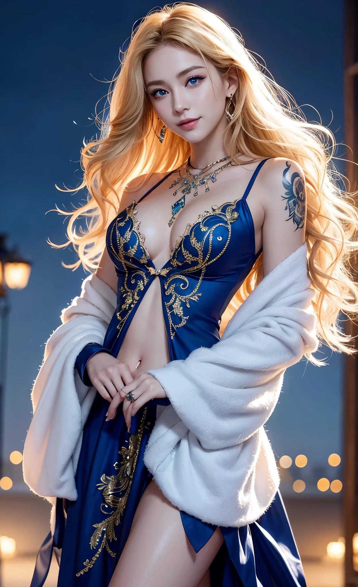 Full body photo、Front view、Masquerade、Wear a mask around your eyes、大人のwoman、Glowing Skin, (Detailed face),tattoo, jewelry, , night, blonde, Wavy Hair, beautiful soldier, attractive appearance, smile, Perfect Style, Perfect balance, Fine skin, Best image quality、Fine-grained image quality、beautiful、 woman,woman Italian, Italian, smile、blue eyes、jewelry, blue eyes, Realistic, High resolution, Soft Light,Hip Up, Glowing Skin, (Detailed face),tattoo,Shrapnel