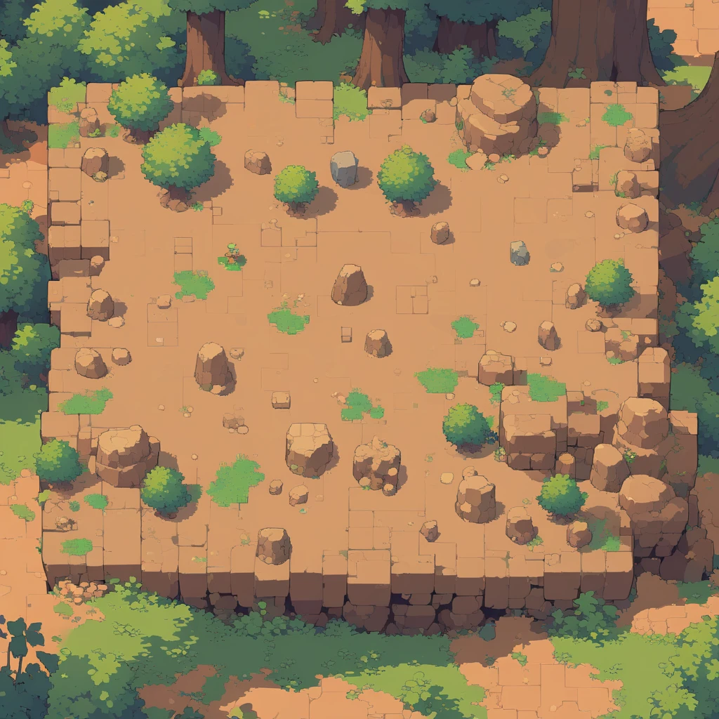 retro video game style,pixelated graphics,vibrant colors,8-bit characters,blocky shapes,sharp lines,detailed shading,classic gaming vibe,nostalgic atmosphere,classic arcade games,masterpiece:1.2,ultra-detailed,illustration style, 2d texture, clay texture, stone texture, 4 k seamless mud texture, video game texture, dirt texture, clay material, flat texture, grass, trees, rock texture, rocky ground, forest, topdown view, game texture, background art, ground very detailed, dirt, floor texture, tileable texture, flowers, bushes, shrubs, intricate ground stone, top down view, 3/4th perspective