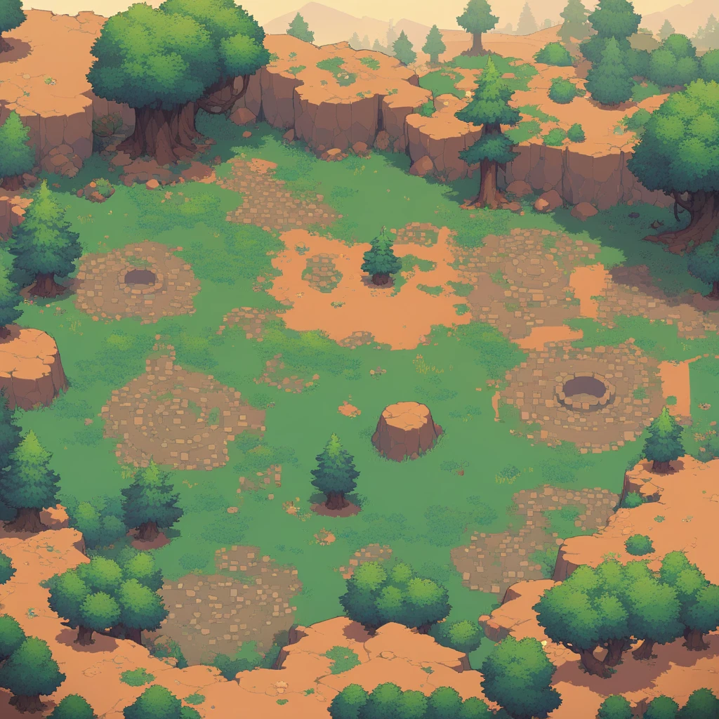 retro video game style,pixelated graphics,vibrant colors,8-bit characters,blocky shapes,sharp lines,detailed shading,classic gaming vibe,nostalgic atmosphere,classic arcade games,masterpiece:1.2,ultra-detailed,illustration style, 2d texture, clay texture, stone texture, 4 k seamless mud texture, video game texture, dirt texture, clay material, flat texture, grass, trees, rock texture, rocky ground, forest, topdown view, game texture, background art, ground very detailed, dirt, floor texture, tileable texture, flowers, bushes, shrubs, intricate ground stone, top down view, 3/4th perspective