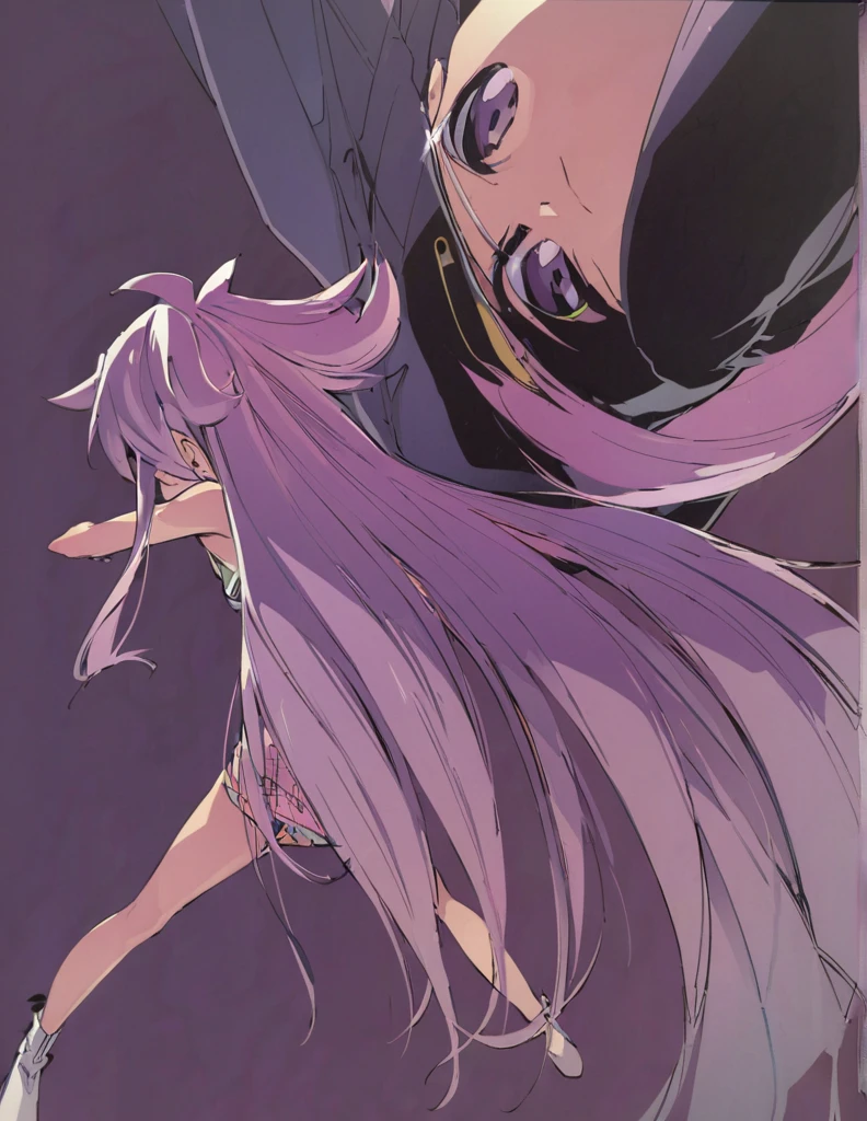 (ultra anime), (shape), (High resolution), (8k), (very detailed), (Best shape), (detailed beautiful eyes), (highest quality), (Super detailed), (masterpiece), (wallpaper), (detailed face), (With two people), (dynamic pose), one girl, On the purple roses spread out on the ground、white wavy hair, Japanese, iris colored eyes, (((very thin, small short nightdress)), big breasts, long legs, best leg comfort, tall nonhuman man、Spooky look、Jet black costume、(two people facing each other and looking at each other), beautiful anime