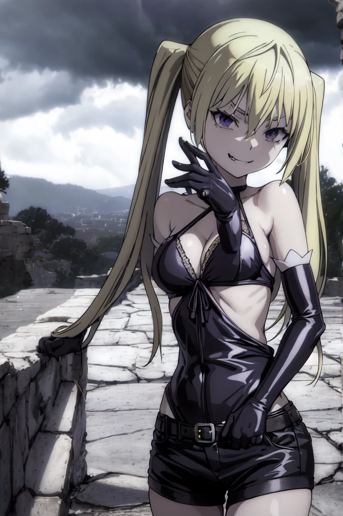 (masterpiece, best quality), 1girl, lieselotte sherlock,high quality, extremely detailed, ,(dark and stormy skies, lightning)(masterpiece:1.0),(Highest_quality:1.0), 超High resolution,4k,Super detailed, 8K, HDR, High resolution, disorganized:1.2, twintail,,looking at viewer,latex,elbow gloves,,, ,official art,short pants,(beautiful_face:1.5),(narrow_waist),,Highly detailed CG Unity 8K wallpaper, perfect lighting,laugh at,too evil smile,too evil smirk,looking down at viewer,upper body,smile bad,deep shaded face,too evil fall,