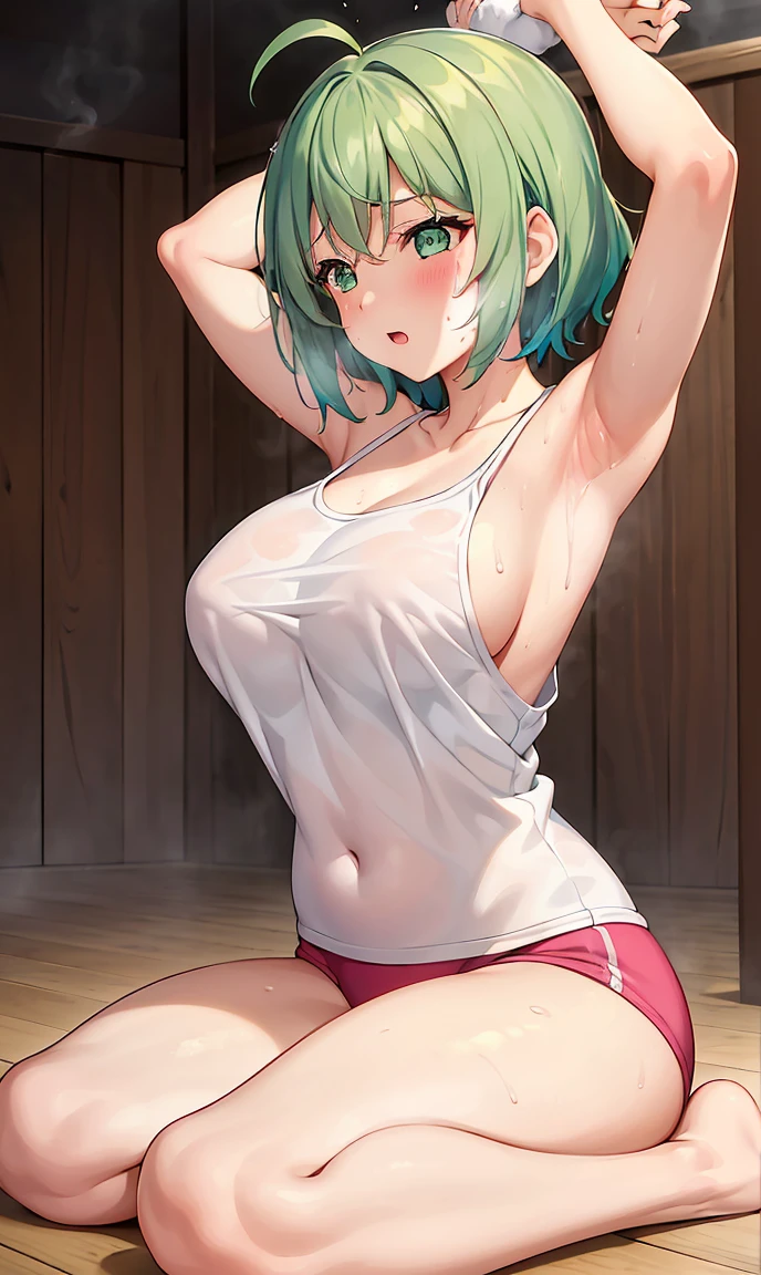 Girl with short green hair, The chest is medium, Green Eyes, 、(tits),Full body photo from head to toe,、cloth、(Clear Face)(Best Quality, High resolution, Super detailed),, (Vivid and colorful, The chest is clearly in focus),(Soft Breasts:1.2、,、、Exposed chest,Full body photo from head to toe,、White sweat all over the body,Sweaty、M-shaped legs,Hot Yoga、stretch、Training wear、Spread your legs and stretch your legs、Rhythmic Gymnastics、Hot Yoga、Steam-filled room、burn、Heavy breathing