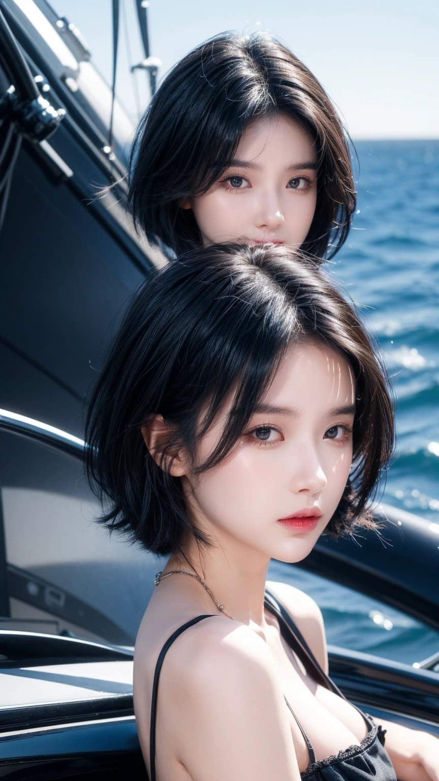 best quality, 1 Girl, dark blue hair, black eyes, Very short hair, Spiky hair, black dress luxury, 171 cm, Messy hair, Hair between the eyes, Medium breasts, full, Tomboy, aldult, 20 years old, 1 Girl with yatch black luxury at the sea