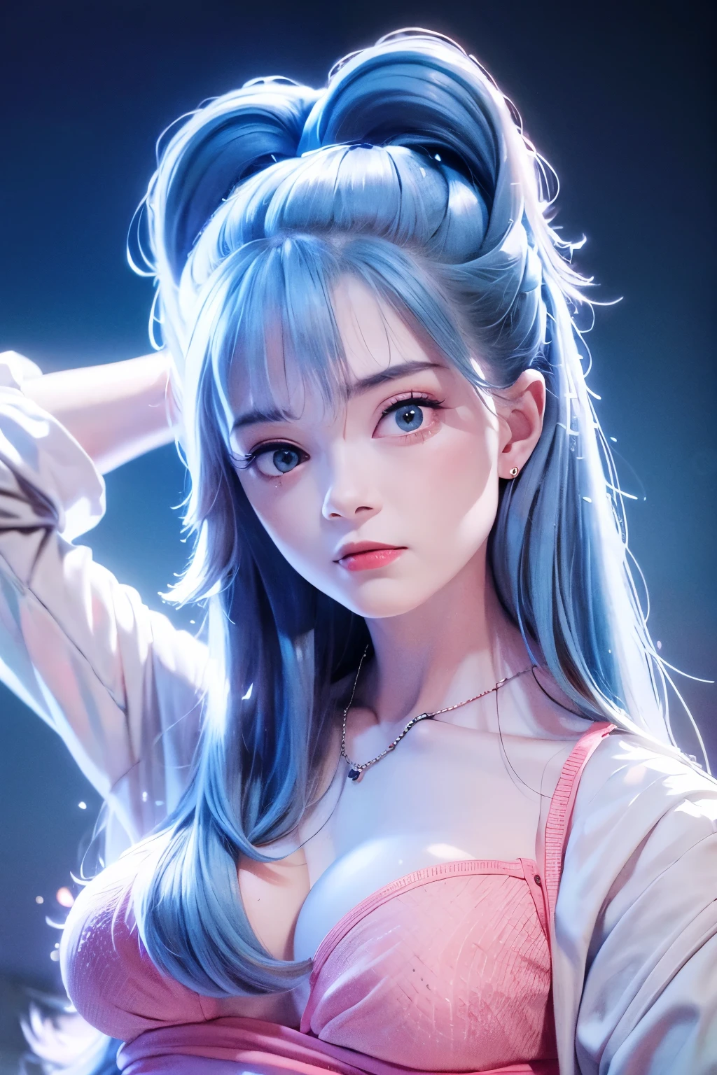 masterpiece, blue Hair, Disheveled long hair, Street background, beautiful, elegant. Extremely fine detail, Master Works, Authentic texture, Realism in film lighting, Perfect job, 16k, High resolution, exquisite features,blue eyes、Japanese Idols、Beautiful face、Cute Smile、blue hair、ponytail、glamorous、( Big Breasts、pink nipples)< Bright big eyes, Smooth skin, Earrings, necklace, (Lots of tattoos), nude, pink nipple