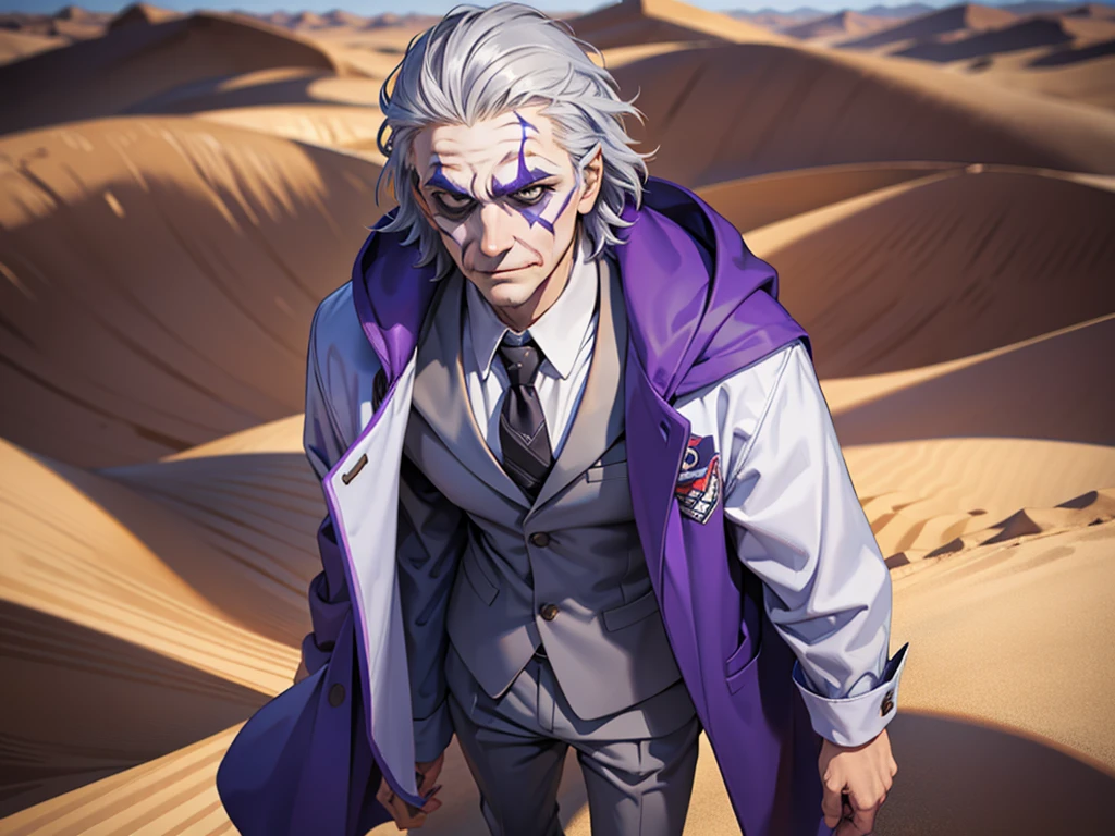 Portrait of a man in his 40s、standing、silver hair、the joker、Long body、 、desert background、