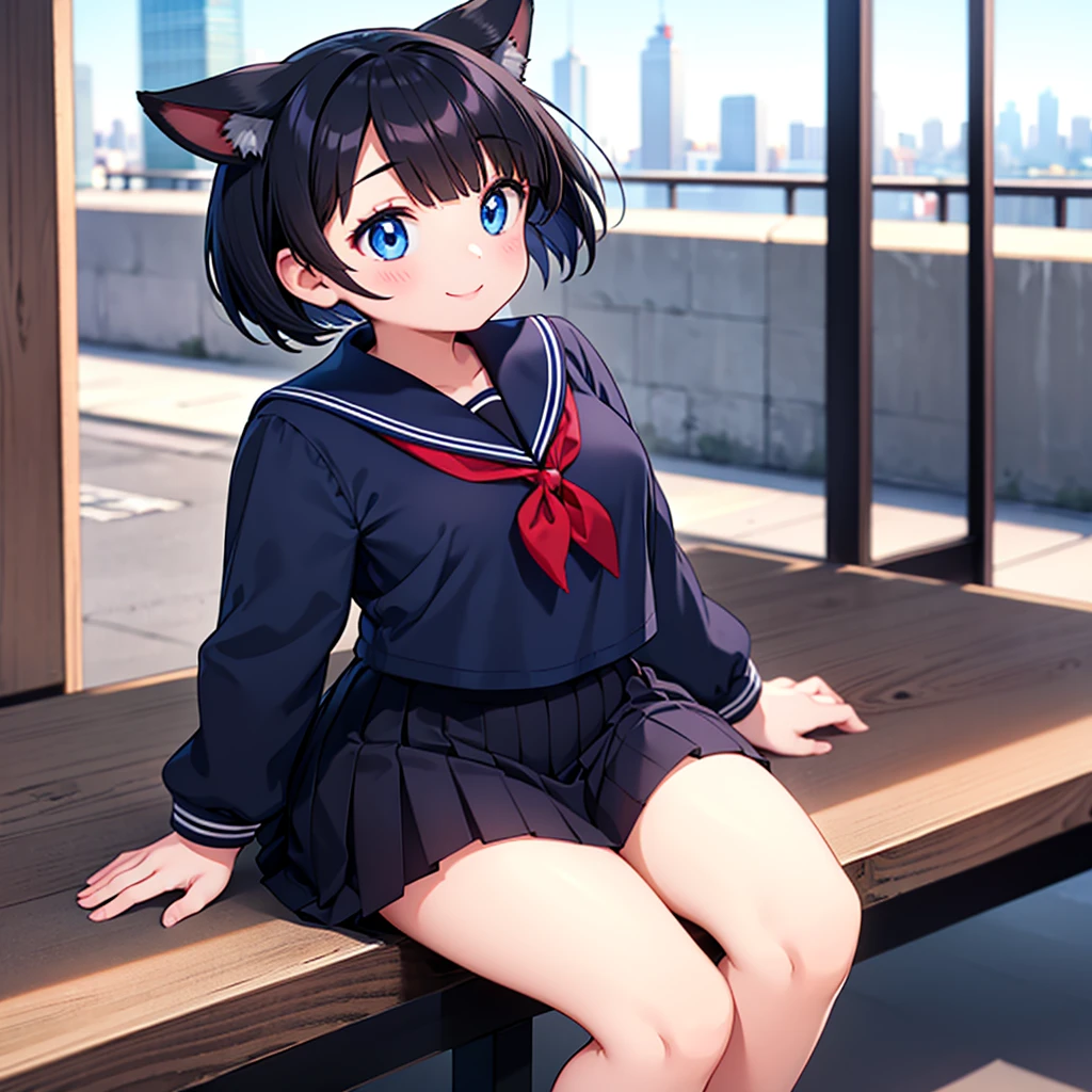 Short black hair Adult female　Dog Ears　Dark blue colored eyes　A student wearing a navy blue sailor uniform with a red ribbon　In the city　smile