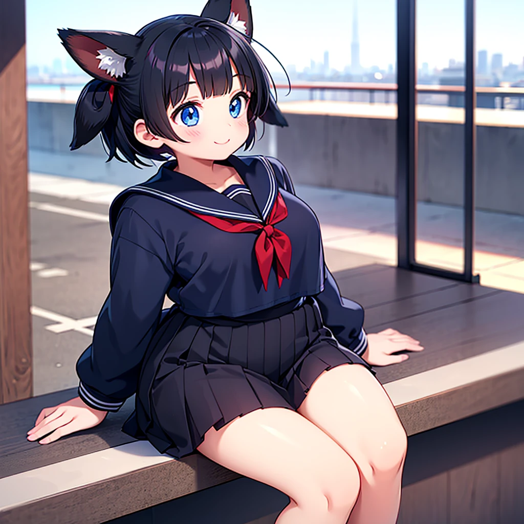 Short black hair Adult female Dog Ears Dark blue colored eyes A student wearing a navy blue sailor uniform with a red ribbon In the city smile