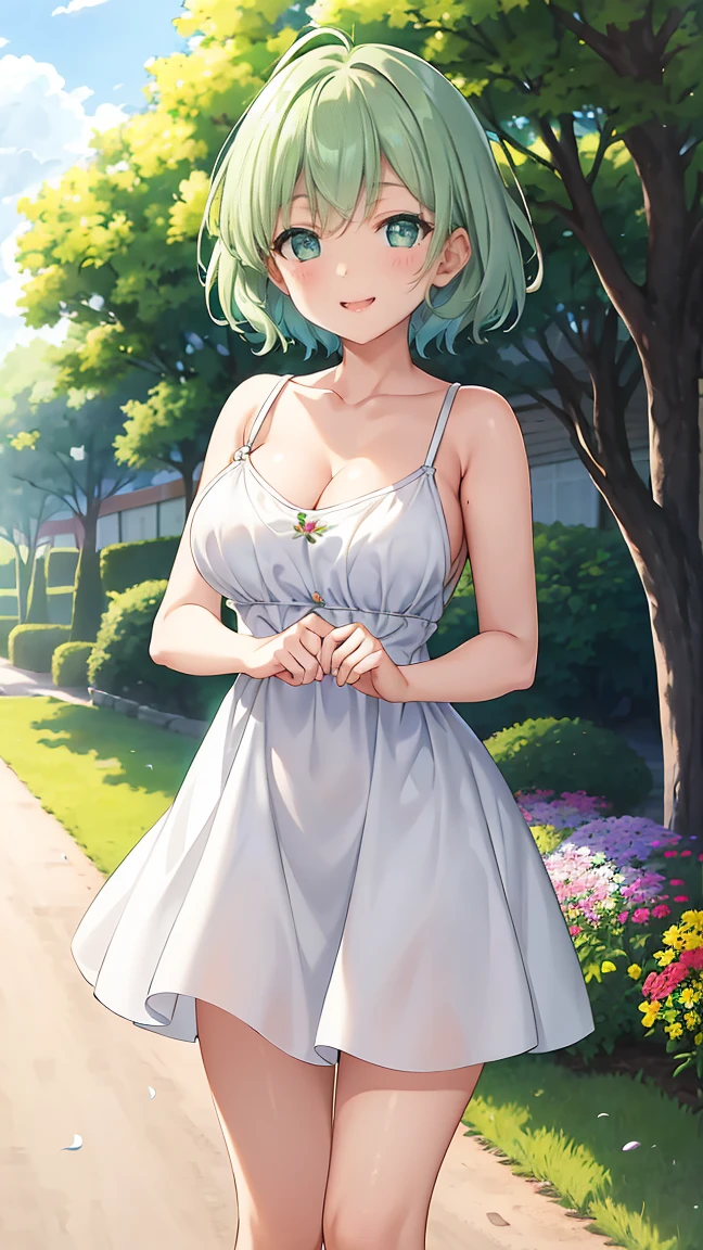 Girl with short green hair, Small size breasts, Small breasts、Green Eyes, White Casual Wear Beauty Special、(((tits))),Full body shot from head to toe、White dress、Colorful flower fields、Fluttering petals、A big smile when looking at the flowers、Uplifting、Swaying in the Wind、Gust of wind、Panty shot、Happenings