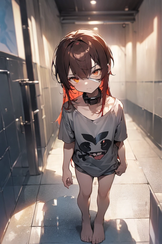 {masterpiece, distinct_image, extremely detailed CG, beautiful eyes and detailed face, 4k, 8k, high_resolution, perfect_finger, medieval style, (beautiful_detailed_eyes:1.3), glitter, yellow_light,{1boy, face_focus,full body, looking for_in_viewer, standing},{(shota,slave:1.3) (tattered_very_big_gray T-shirt, no pants, {thick_metal_collar:1.6}, black_right_eyepatch:1.5), (red_hair, red_eyes, long_hair, hair_over_one_eye, one_eye_covered_with_hair, asymmetrical_bangs:1.4), (tired_face, glaring, breathing:1.2), (gray_wall_prison_indoor:1.3)}}