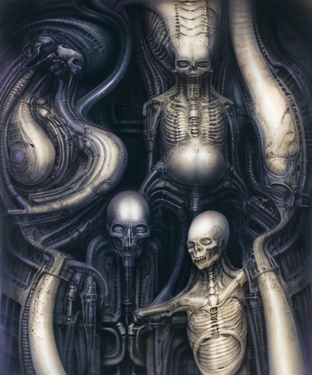airbrush Giger_style, The image is a detailed view of H.R. Giger's \" Biomechanical Landscape No 312 \" plate, featuring a complex network of bones and organs in a purple-brown hue ,swirling gray and brown colorsgroup of three alien figures positioned in the foreground. Emaciated and skeletal, with hollow eyes, they appear to be constructed from bone and metallic elements, a characteristic fusion of organic and mechanical forms found in Giger's biomechanical art. One figure sits on a simple chair, while the other two flank it on either side, suggesting a hierarchy within the group. The background is a dark and limited space painted in a uniform red color. This lack of detail keeps the focus on the figures and creates a sense of mystery about their environment. Receding into the distance are a series of arches and tunnels that hint at a larger biomechanical landscape, possibly the work of the creatures themselves The artwork is silver and purplish brown, with an ivory bones prominently displayed. The image is highly detailed and intricate, almost like a 3d version of a medical diagram (detailed view of an anatomy model, possibly of a human body, with transparent organs and bones exposed). The piece has a thick mechano-organic texture and is covered in fine details. The image has a swirling, organic quality to it. The artistic manner would be unmistakably Gigeresque. A dark and unsettling beauty would permeate the piece, blurring the lines between fascination and repulsion , forever haunted by the grotesque allure. Giger's signature artistic manner would be evident in every stroke. The airbrush would be wielded with masterful precision to create a hyperrealistic yet nightmarish aesthetic.,hrgiger,H.G. Giger Style, Biomechanics,HRGigerArhP style in HRGigerArhP style, abstract, mechanical chaos, muted colors,