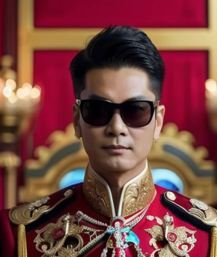 Araffe was dressed in a red and gold uniform and sunglasses., Order of Akira, According to the style of paying homage to the family, Inspiration from Ding Guan Peng, Inspired by Ding Yunpeng, Godfather Khan, emperor, Inspired by Guo Xi, in the style of sifu ปรมาจารย์, Like Andy Lau., in the form of a call price