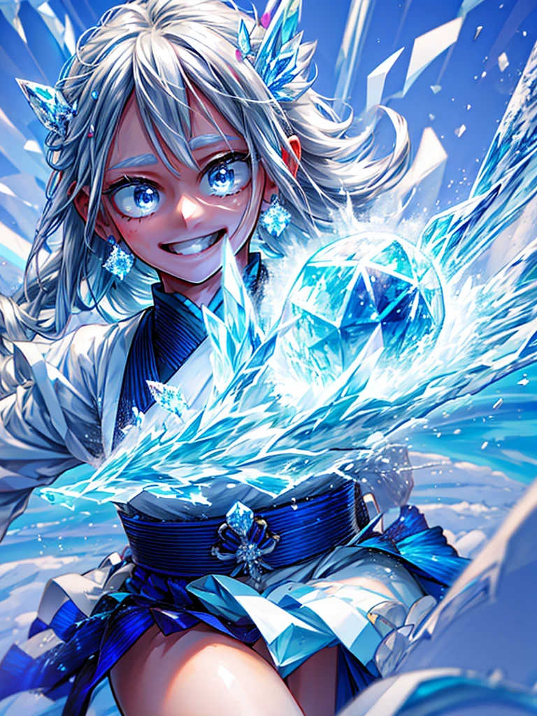 One beautiful girl、cute、White skin、A loving smile、Gray Hair、Blue eyes that shine like jewels、beautiful、long hair、Hakama、highest quality、masterpiece、Ice and snow personality、Surrounded by ice、crystal、